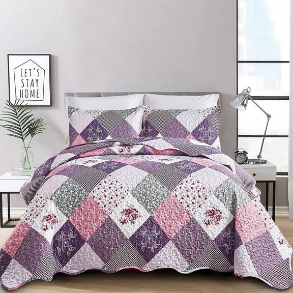 Grid Patchwork Quilt Set Cal King Size,3Pcs Purple Bedspread Lightweight Adult(106"x 96")