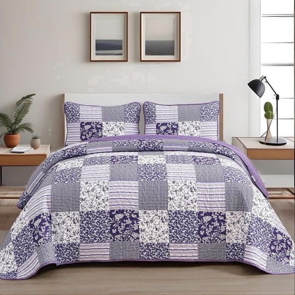 3 Pieces Purple Plaid Quilt Set King Size Floral Patchwork Bedspread Bedding Set 104"x90"