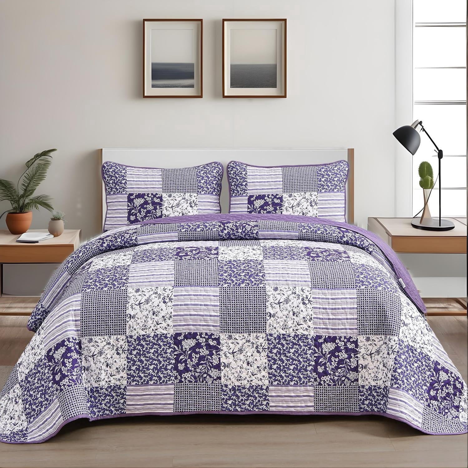 3 Pieces Grid Patchwork Queen Size Bedspread Quilt Bohemian Stripe Coverlet Set (90"x96")