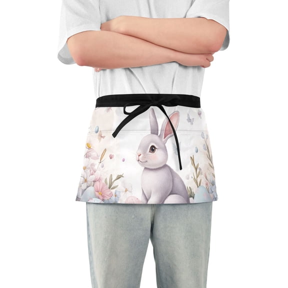 Purple Rabbit Easter Eggs Flowers Short Server Apron with 3 Pockets for Unisex Chef Gardening