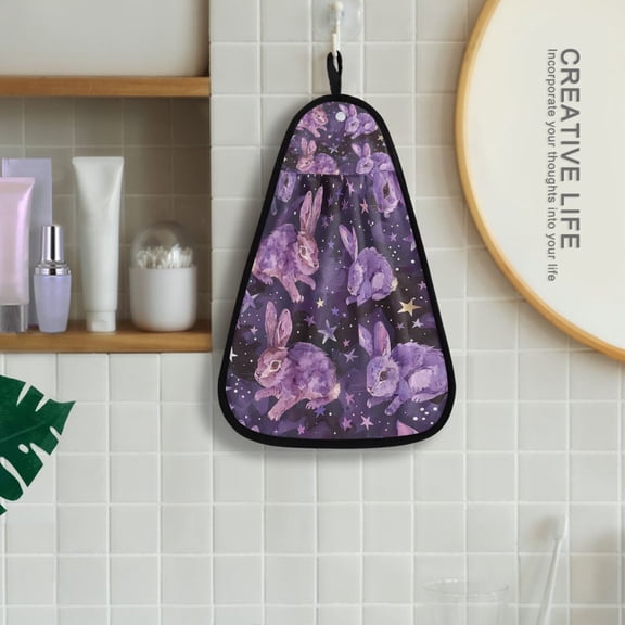 Purple Rabbits Stars Hanging Kitchen Towel Machine Washable Hand Towel Bathroom Absorbent Towel Quick Dry Dishcloth