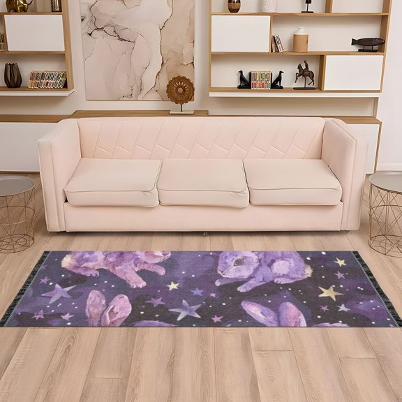 Purple Rabbits Stars Runner Rug Non-Slip Area Rugs Linen Washable Non Shedding for Kitchen Bedroom Carpet