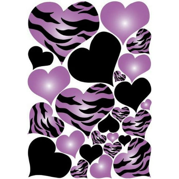 Purple Radial Hearts, Black Hearts, and Zebra Print Heart Wall Decals on a 18in By 25in Sheet