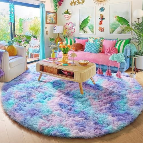 Purple Rainbow Round Rug 6Ft for Bedroom Girls Room Decor, Mermaid Stitch Frozen Kids Rugs for Playroom Nursery Classroom, Fluffy Fuzzy Cute Shag Carpet, Plush Circle Area Rugs for Princess