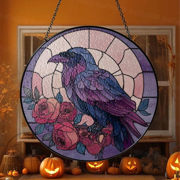 Purple Raven Stained Glass Suncatcher: Gothic Crow Window Hanging
