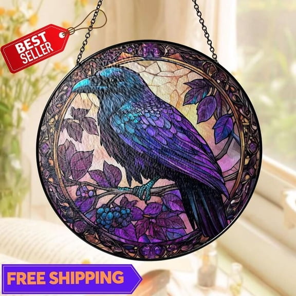 Purple Raven Suncatcher, Glass-Effect Gothic Crow Window Hanging