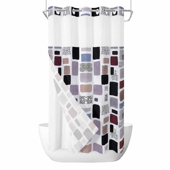 Purple Rectangle No Hook Shower Curtain with Snap in Liner, Abstract Lavender Purple Black Rectangle Waterproof Shower Curtains with See Through Top Window Liner for Bathroom, 36x78 Inches