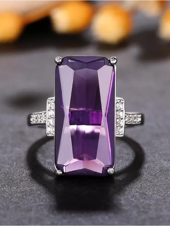 Purple Rectangular Cut Cubic Zirconia Statement Ring In Silvertone Setting