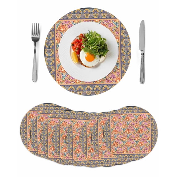 Purple Red Floral Boho Round 13 Inch Placemats Set of 8, Vintage Ethnic Tribe Abstract Art HeatResistant Non Slip Place Mats for Dining Table, Wipeable Braided Kitchen Table Mats for Housewarming