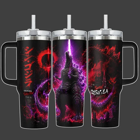 Purple Red Kaiju Monster Evolution Tumbler Cup, Dark Monster Full Wrap Stainless Steel Insulated Tumbler With Straw Lid Included and Handle Option, Gift for Monster Movie Fans