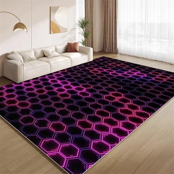 Purple Red Neon Geometric Honeycomb Area Rug, Modern Abstract Hexagon Living Room Rugs, Ultra Soft Non-Slip Indoor Carpet for Teens Adults Room Bedroom Playroom Sofa Office 5 x 8ft