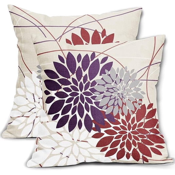 Purple Red Pillow Covers 18x18 Inch Dahlia Flower White Gray Elegant Colored Throw Pillows Farmhouse Outdoor Decor for Home Living Room Sofa Couch Bed Modern Floral Linen Square Case, Set of 2