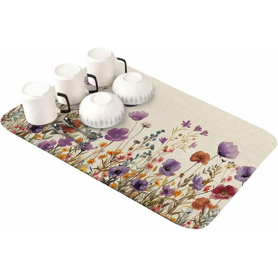 Purple Red Spring Floral Dish Drying Mat for Kitchen Counter, Absorbent Quick Dry Coffee Bar Mat Pad Thin Diatomaceous Sink Mat Non Slip Dish Drainer Mat 16x18 Watercolor Botanical Summer Flowers