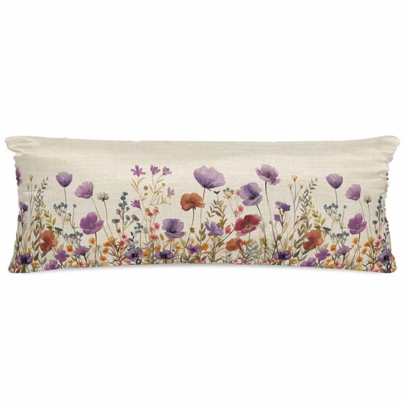 Purple Red Spring Floral Pillow Cases Body Size, Smooth Satin Pillowcase for Hair and Skin, Watercolor Botanical Summer Flowers Decorative Cooling Bed Pillow Covers with Zipper, 20x54 Inches