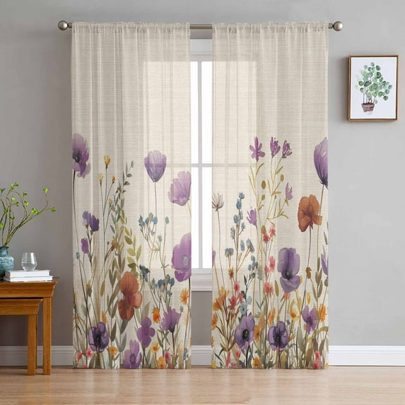 Purple Red Spring Floral Sheer Curtains 84 Inches Long 2 Panels Set, Window Sheer Curtains for Living Room/Bedroom, Watercolor Botanical Summer Flowers Light Filter Rod Pocket Curtain 52'' x 84'' x 2