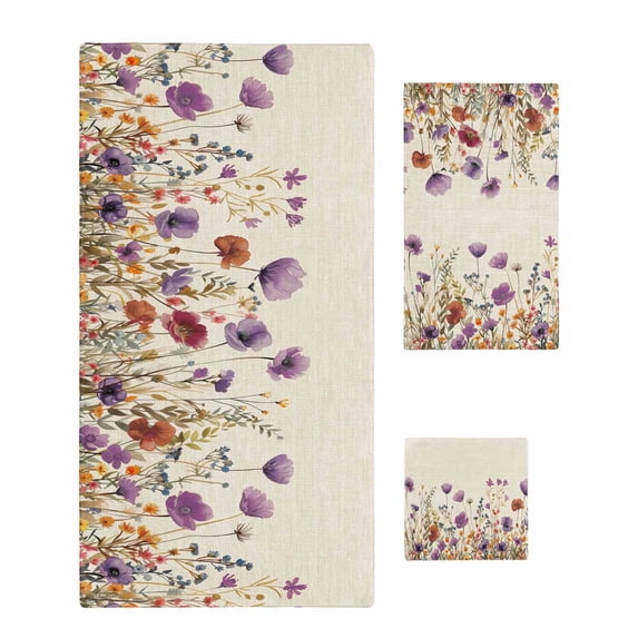 Purple Red Spring Floral Towel Set of 3, Soft Microfiber Bath Towels, Hand Towel, Washcloths, Watercolor Botanical Summer Flowers Quick-Dry Absorbent Towels for Bathroom Kitchen Hotel Beach Gym Spa