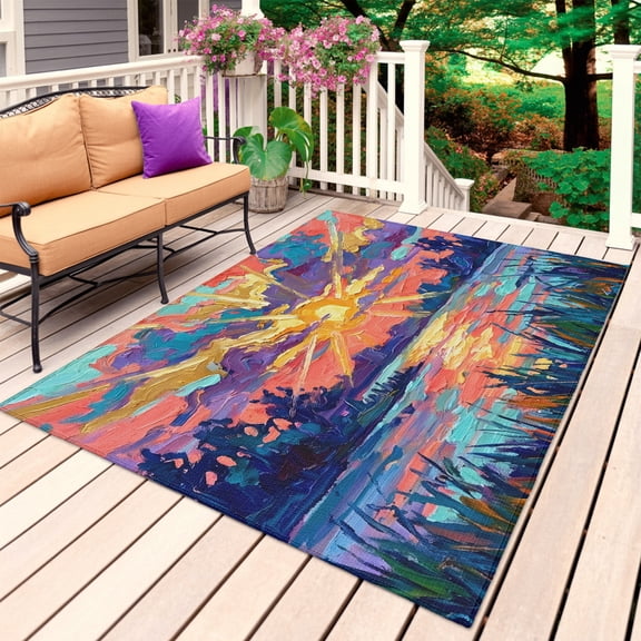 Purple Red Sunset Outdoor Rug for Patio/Deck/Porch, Non-Slip Large Area Rug 4 x 6 Ft, Modern Abstract Art Indoor Outdoor Rugs Washable Area Rugs, Reversible Camping Rug Carpet Runner