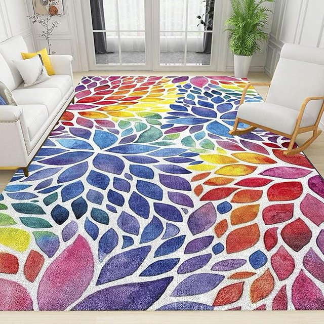 Purple Red Yellow Gradient Petals Area Rug, Modern Abstract Floral