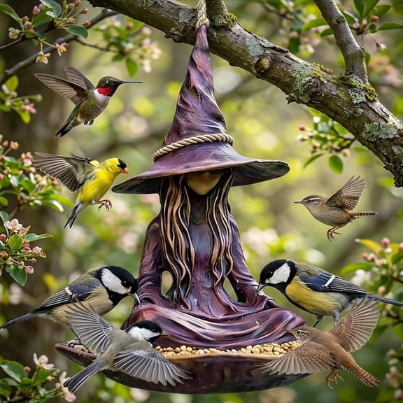 Purple Resin Witch Hat Bird Feeder, Meditating Witch Garden Statue with Rope Hanger and Seed Tray for Outdoor Decor (1 Piece)