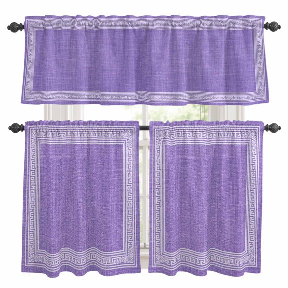 Purple Retro Greek Key Kitchen Curtains Sets for Windows 24 Inch Length, Geometric Greece Ancient Rustic Rod Pocket Window Treatments Tier Curtains and Valances Set for Bedroom/Bathroom