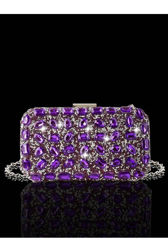 Purple Rhinestone Box Clutch Evening Handbag Bag Only