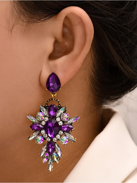 Purple Rhinestone Chandelier Dangle Earrings With Goldtone Setting
