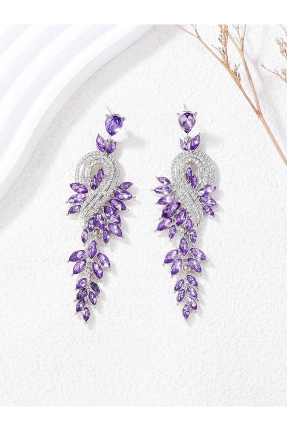 Purple Rhinestone Floral Vine Drop Earrings For Women