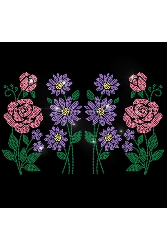Purple Rhinestone Iron on Transfer Flowers Rose Daisy Bling Diamond Hotfix Patches for Clothes 11.6"x8.2" Large Iron On Sequin Applique for Jeans Jacket Caps Bag T-Shirts Shoes DIY Decor colorful