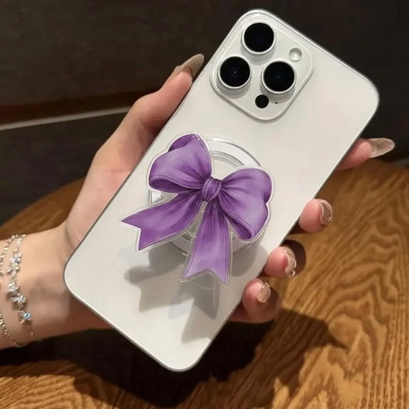 Purple Ribbon Bow Magnetic Phone Grip, Aesthetic Magnetic Pop Socket, Phone Holder