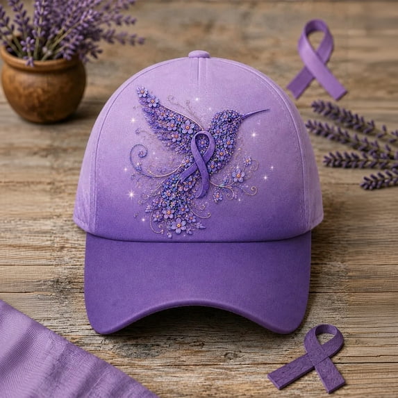 Purple Ribbon Floral & Hummingbird Print Alzheimer'S Awareness Support Hats For Women Men,Unisex Alzheimer'S Awareness Baseball Cap