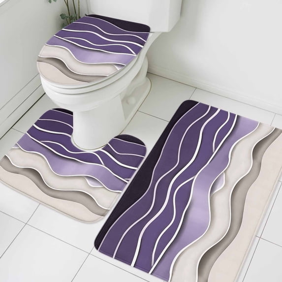 Purple Ripple Bathroom Rugs Set Purple Gradient Non Slip Absorbent Soft Bath Mats 3 Piece Set with Bathroom Rug, U-Shaped Floor Mat, Toilet Seat Cover Small Size