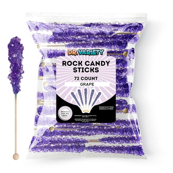 Purple Rock Candy Sticks Grape Flavor, 72 Pack Bulk Individually Wrapped Sugar Crystals for Party Favors, Weddings, Baby & Bridal Showers By Dr. Variety