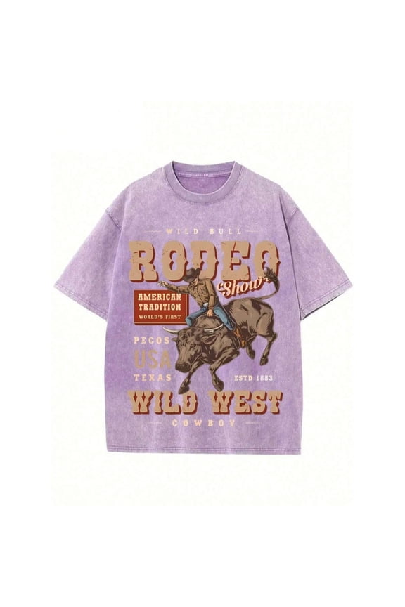 Purple Rodeo Show Graphic Tee, Wild West Cowboy Print, Oversized Washed Cotton T-Shirt