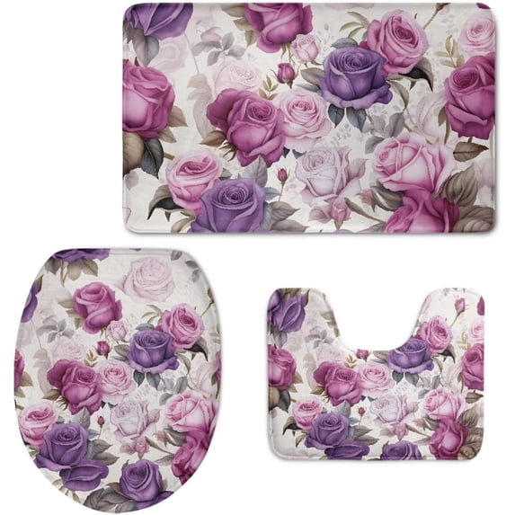 Purple Rose 3 Piece Bathroom Rug Set Bath Mat Set 2 Piece and Toilet Lid Cover and Tank Cover Set Mats Shower Mats for Bathroom Tub Toilet Machine Washable for Floor