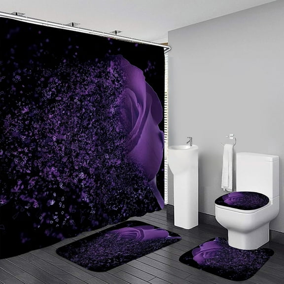 Purple Rose 4 Pcs Shower Curtain Sets Non-Slip Rugs Bath Mat Toilet Cover U Shaped Mat Black Purple Shower Curtain with 12 Hooks Red Rose Valen