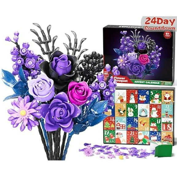 Purple Rose Advent Calendar 2025 for Adults Teens Kids - Christmas Flower Bouquet Building Blocks 24 Day Countdown Calendar Artificial Botanical Collectio Halloween Home Decor Gifts for Women
