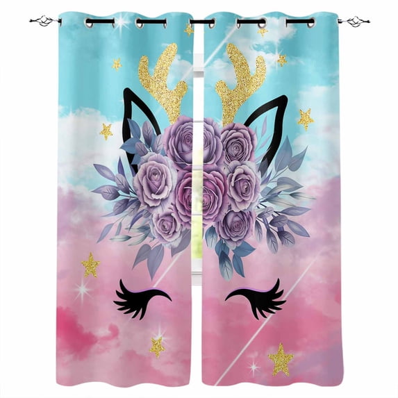 Purple Rose Antlers Blackout Curtains for Bedroom Living Room Darkening Curtains 63 Inches Long Abstract Art Teal Pink Fancy Flowers Window Curtain 2 Panels Set Window Treatment Drapes 52"x63"
