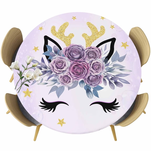 Purple Rose Antlers Round Tablecloth, Fitted Table Cover with Elastic for 36"-44" Round Tables, Abstract Art Fancy Flowers Stars Table Cloth Outdoor Indoor Dinning Party Waterproof Tablecloths