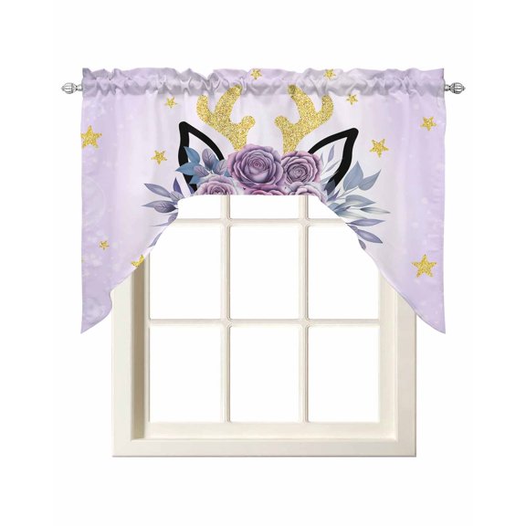 Purple Rose Antlers Swag Valances for Windows, Small Curtains Drapes, Abstract Art Fancy Flowers Stars Kitchen Window Curtains Over Sink Window Treatment Valance for Bedroom/Bathroom 56"x36"