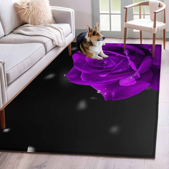 Purple Rose Area Rugs 3'x5', Washable Small Throw Rugs for Living Room Bedroom, Abstract Spring Flowers Vintage Black Indoor Outdoor Rug Non-Slip Low Pile Carpet Runner Reversible Floor Mats