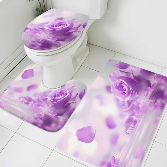 Purple Rose Bathroom Rugs Set Floral Reflection Non Slip Absorbent Soft Bath Mats 3 Piece Set with Bathroom Rug, U-Shaped Floor Mat, Toilet Seat Cover Small Size