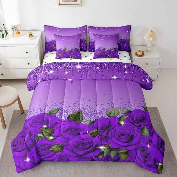 Purple Rose Bed in a Bag Queen Comforter Set 7 Piece,Diamond Crystal Fluid Art Bedding Set Abstract Ombre Sheet Set with Comforter Romantic Garden Flowers Bed Set,Boho Floral Bohemian Decor