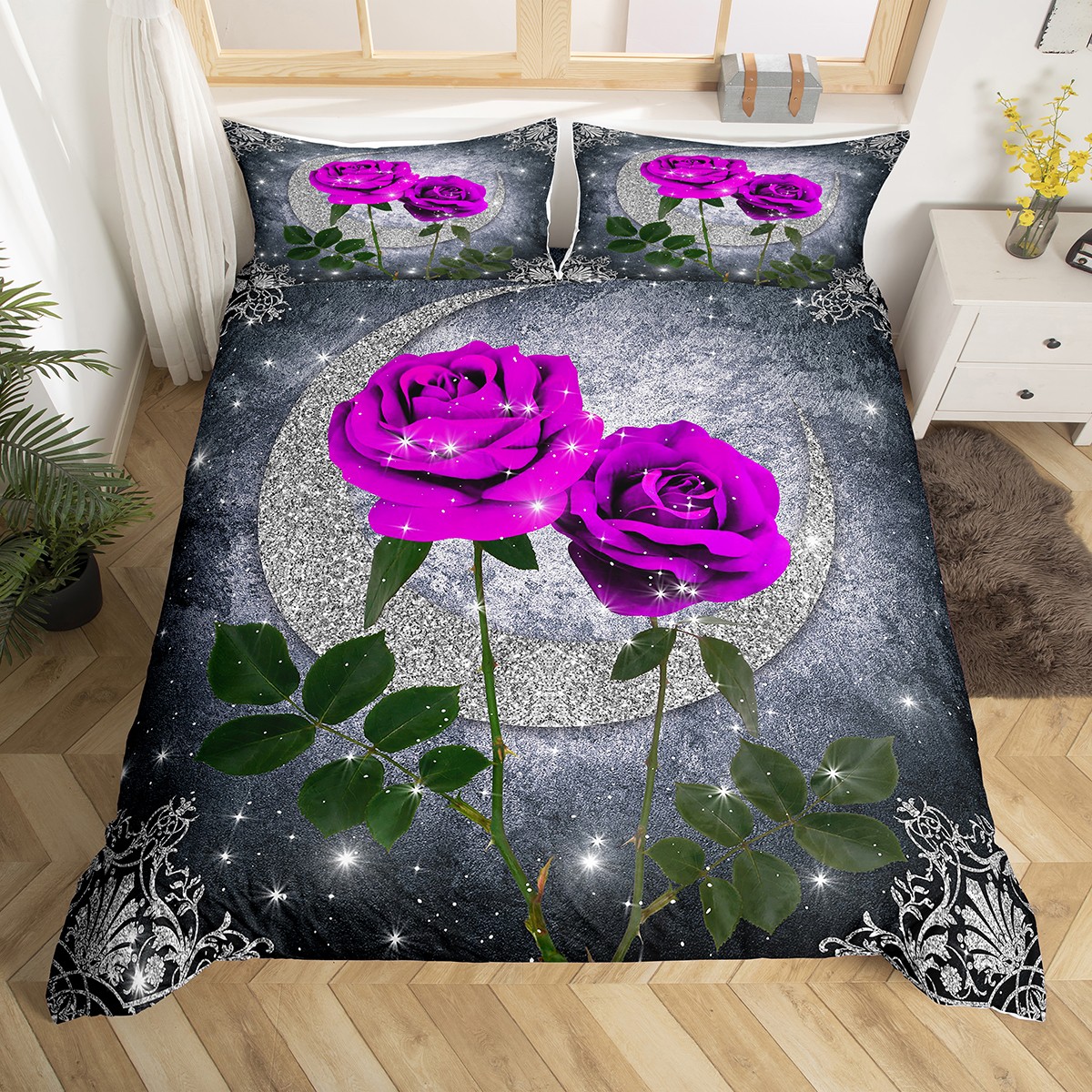 Purple Rose Bedding Set Silver Moon Duvet Cover Twin for Women Men