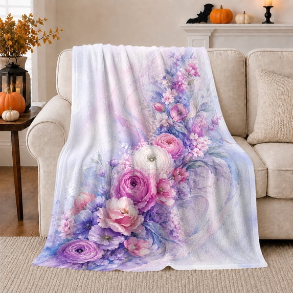 Purple Rose and Blush Flower Watercolor Bouquet, Soft Botanical Floral Art for Flower Lovers, Birthday Gift, Soft Flannel Blanket for Bedroom, Floral Home Decor