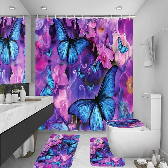 Purple Rose Butterflies Bathroom Shower Curtains Accessories Set, Delicate Flower Shower Curtain Sets with Non-Slip Rugs,Toilet Lid Cover, Bath Mat and Hooks, Durable Bathroom Shower Curtain Sets