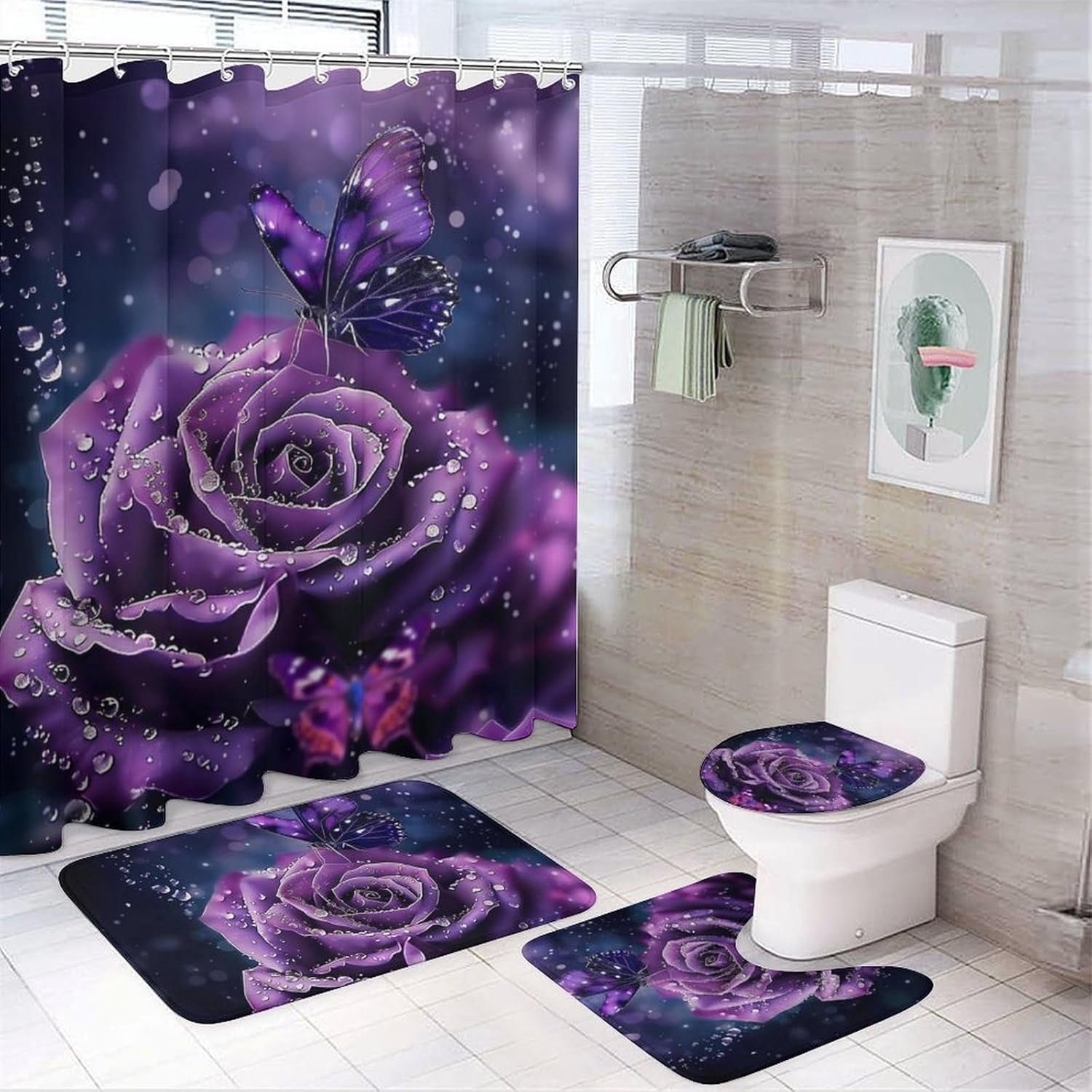 Purple Rose Butterfly 4 Pcs Bathroom Shower Curtain Set,Bathroom Sets with Rugs (Bath Mat,U Shape and Toilet Lid Cover Mat), Bathroom Decor Set