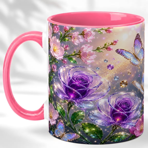Purple Rose Butterfly Accent Mug, 11oz Ceramic Coffee Cup for Rose Lovers