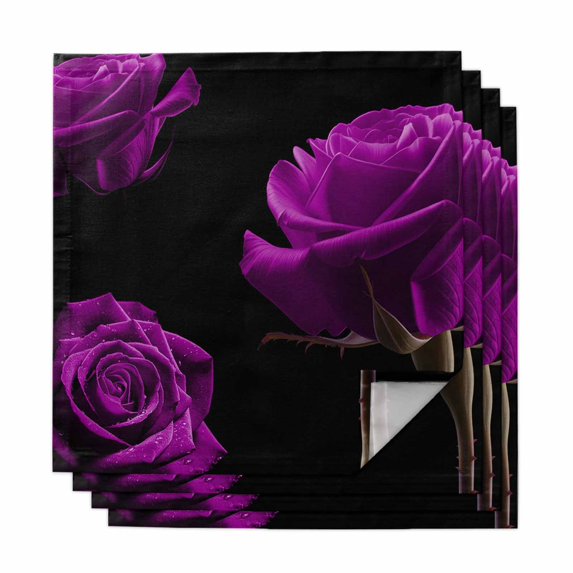Purple Rose Cloth Napkins, Vintage Abstract Garden Flower Floral Black Washable and Reusable Dinner Napkins Set of 4, Table Napkin for Kitchen Party Birthday Wedding Hotel Housewarming 20"x20"