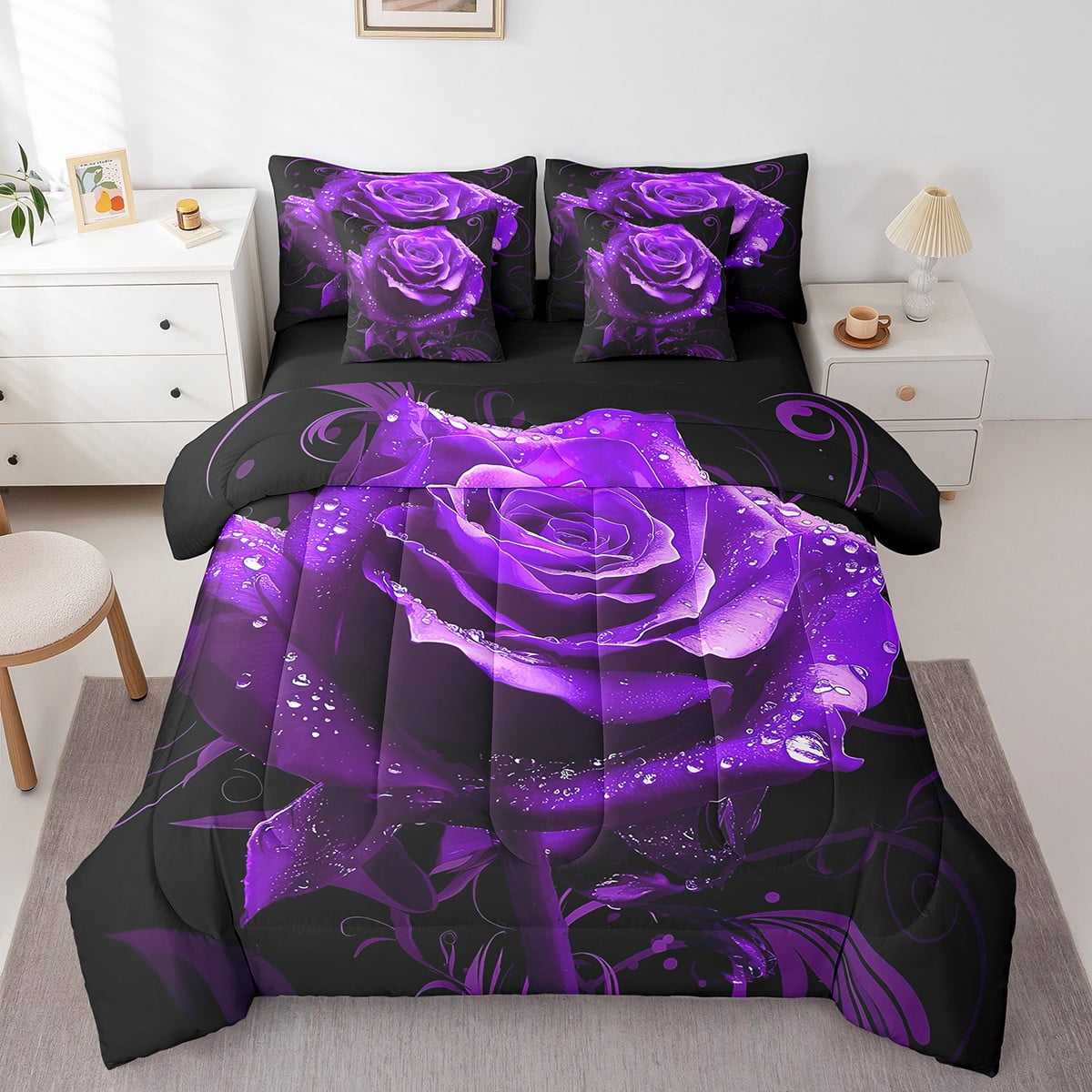 Purple Rose Comforter Set 7 Piece Bed in a Bag Twin,Romantic Flowers