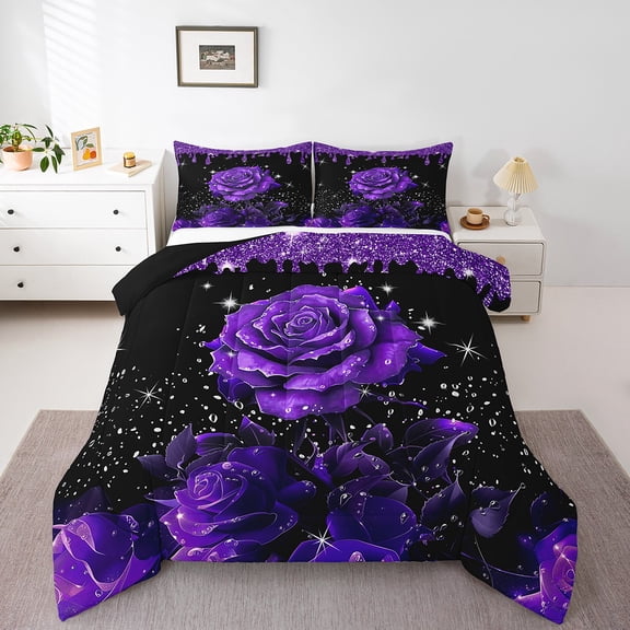 Purple Rose Comforter Set Glitter Galaxy King Bedding Set,Sequins Fluid Art Down Comforter Abstract Ombre Print Duvet Insert,Romantic Garden Flowers Boho Floral Bohemian Decor